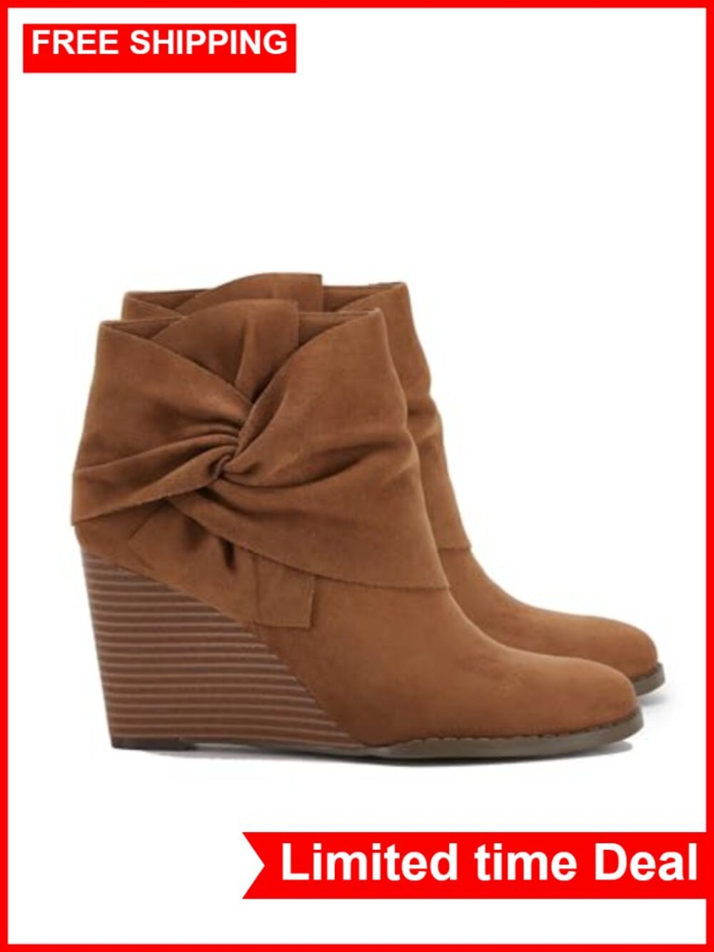 Faux Suede Wedge Ankle Booties Bow Stacked Heel Zip Winter Dress Shoes